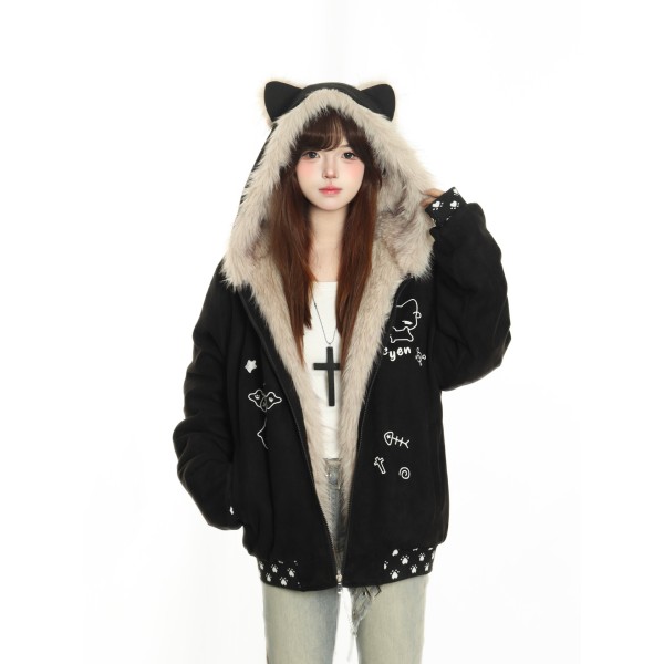 Xiao Hang hasn't had enough yet. Original winter cat embroidery mountain eagle thickened warm cotton coat for men and women, suede fleece jacket.