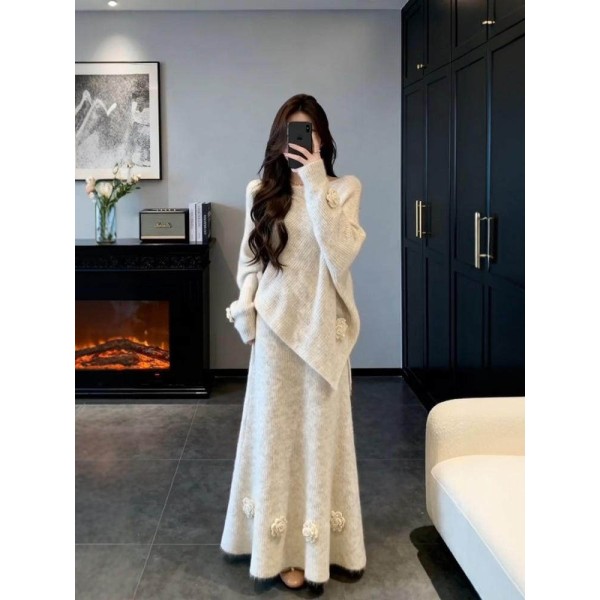 Three-dimensional floral asymmetrical sweater and knit skirt two-piece set for women, autumn and winter, elegant and ladylike style.