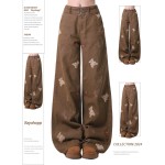 Rayohopp women's embroidered bear jeans, fleece-lined and thickened, autumn and winter style, American retro wide-leg pants, trendy.