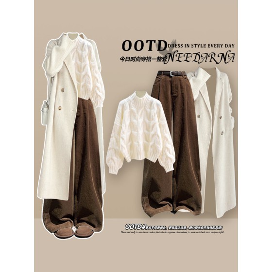 A unique and stunning knitted mini set with a sophisticated Korean style, featuring a high-end autumn/winter coat – a complete three-piece outfit inspired by Korean dramas.