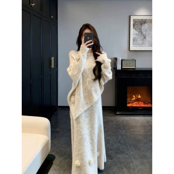 Three-dimensional floral asymmetrical sweater and knit skirt two-piece set for women, autumn and winter, elegant and ladylike style.