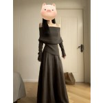2026 New Style Elegant Off-Shoulder Dress for Women, Autumn/Winter, Korean Style Relaxed Fit, Complete Long Dress Set