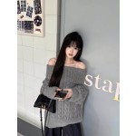 Korean style autumn/winter gray off-shoulder sweater top, loose fit, slimming, sophisticated cable knit style.