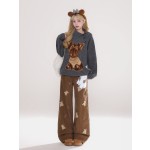 Rayohopp women's embroidered bear jeans, fleece-lined and thickened, autumn and winter style, American retro wide-leg pants, trendy.