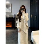 Three-dimensional floral asymmetrical sweater and knit skirt two-piece set for women, autumn and winter, elegant and ladylike style.